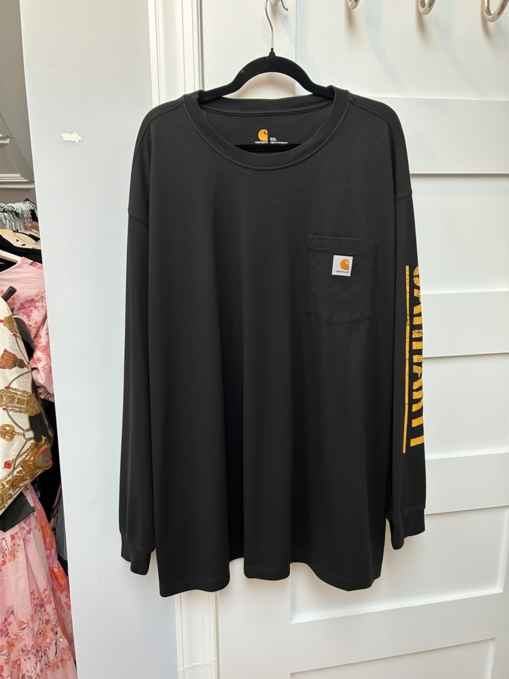 Carhartt Black Long-Sleeve Pocket Tee with Gold Logo Sleeve